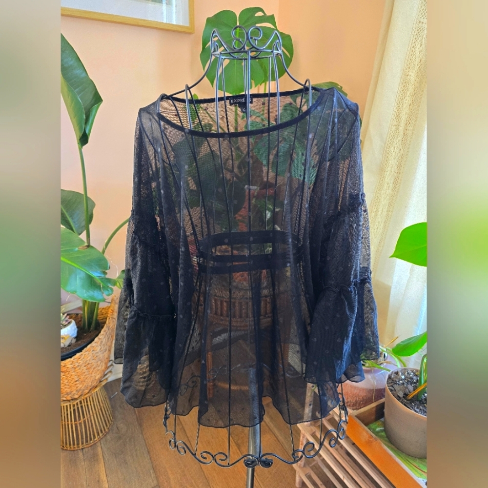 Express Sheer Blouse with Mini Polka Dots and Ruffled Bell Sleeves
